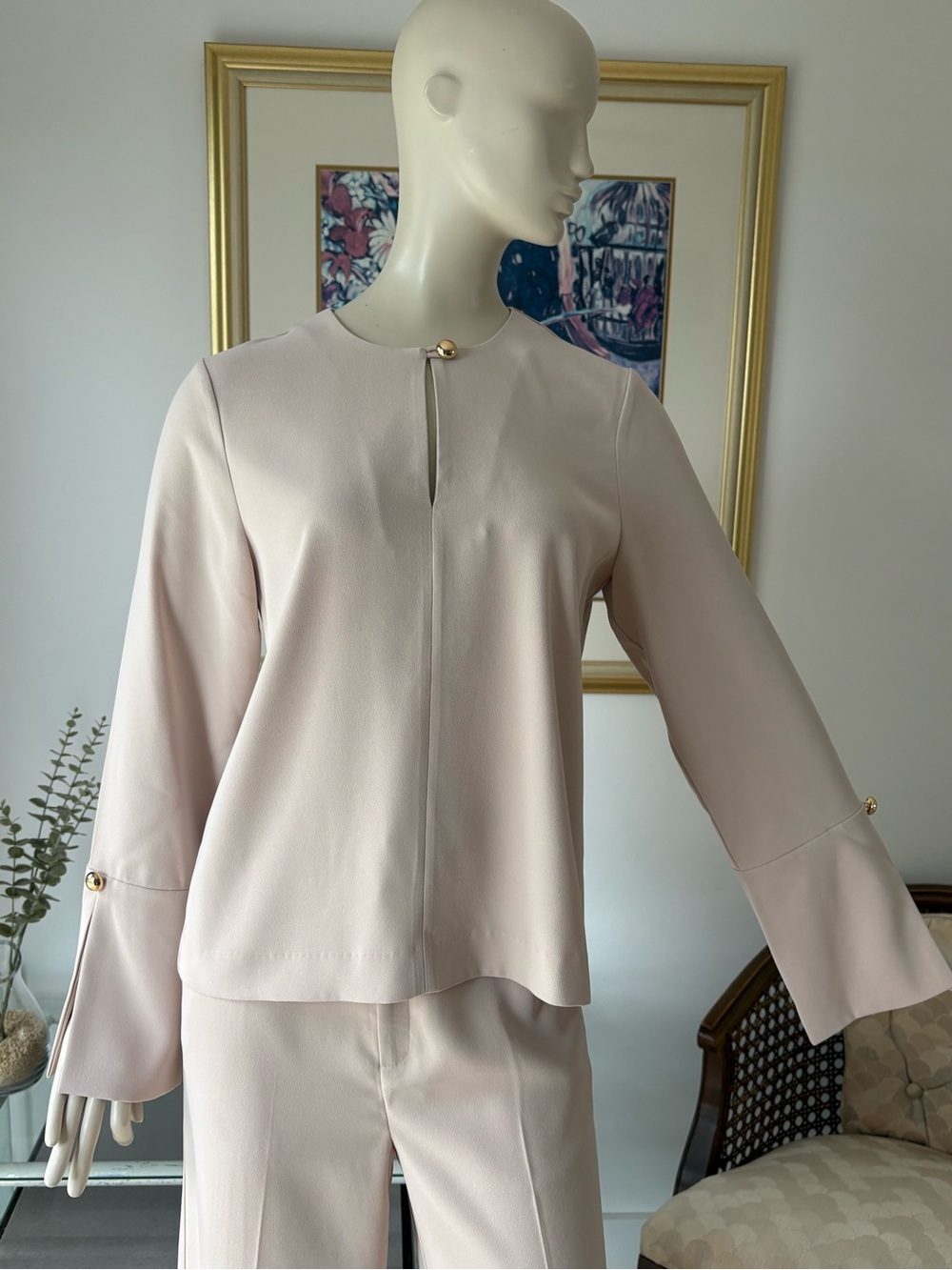 Elegant Women's Blush Long-Sleeve Blouse with Gold Button